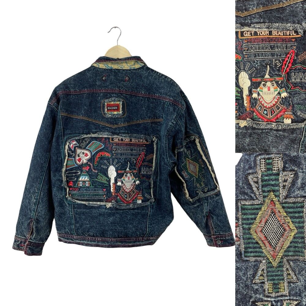 Vintage Major Damage Jean Jacket Embroidered Distressed Urban Hip Hop Mens READ